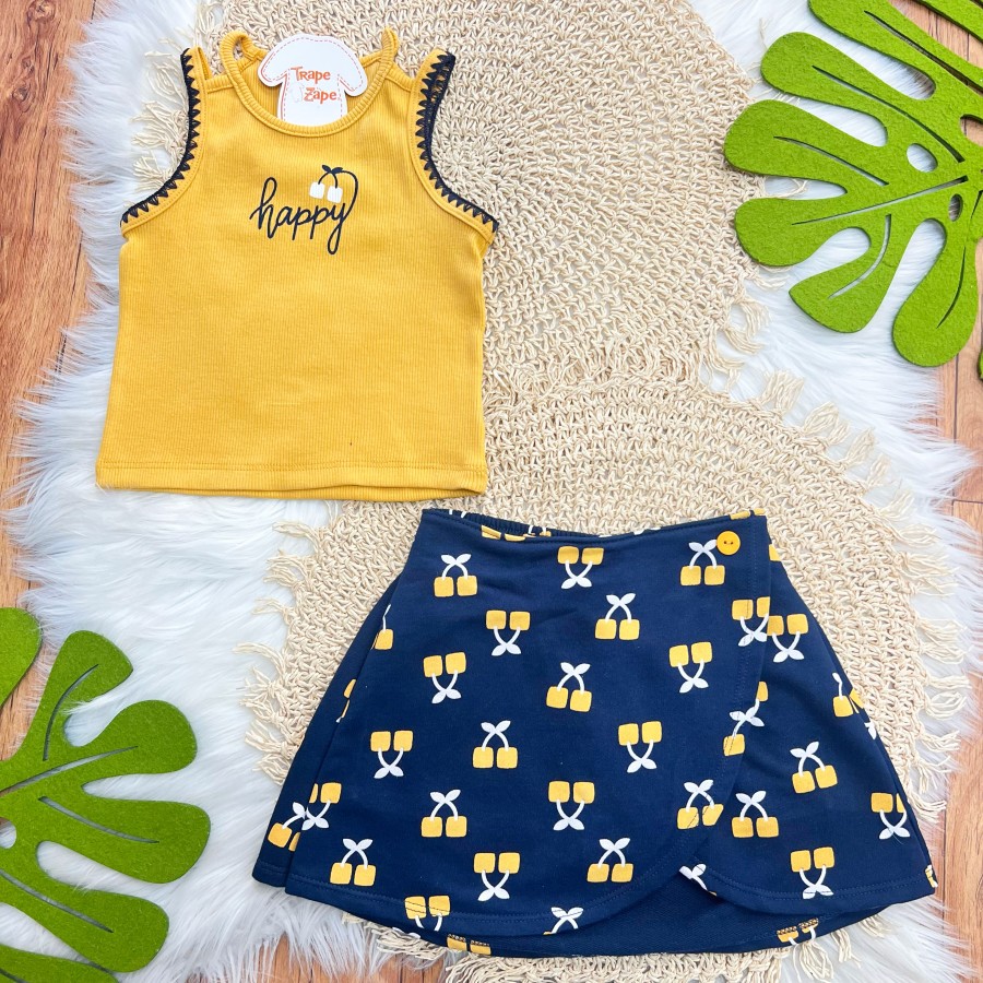  Conj. Regata Happy e Short Saia Cherrys - Mostarda e Marinho